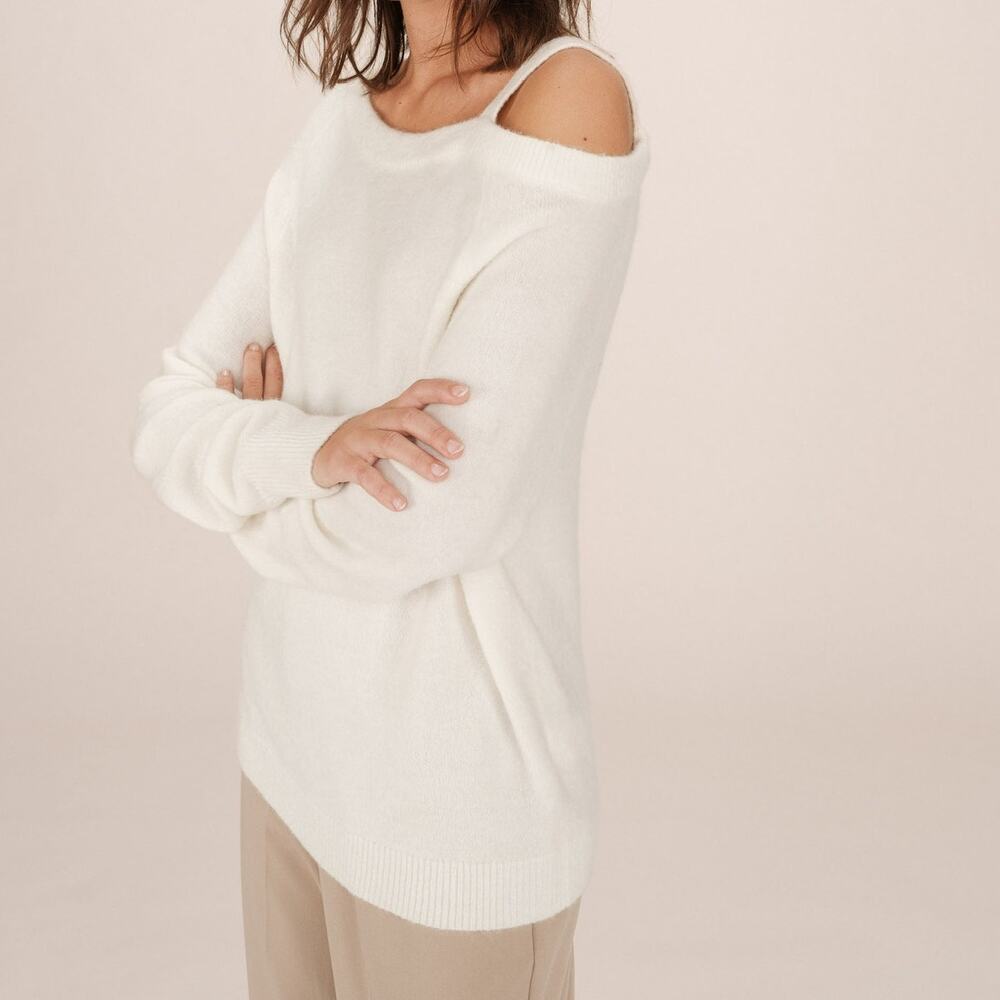 SWTR Cream Merino Wool Cashmere Cold Shoulder Pullover Ribbed Sweater Small